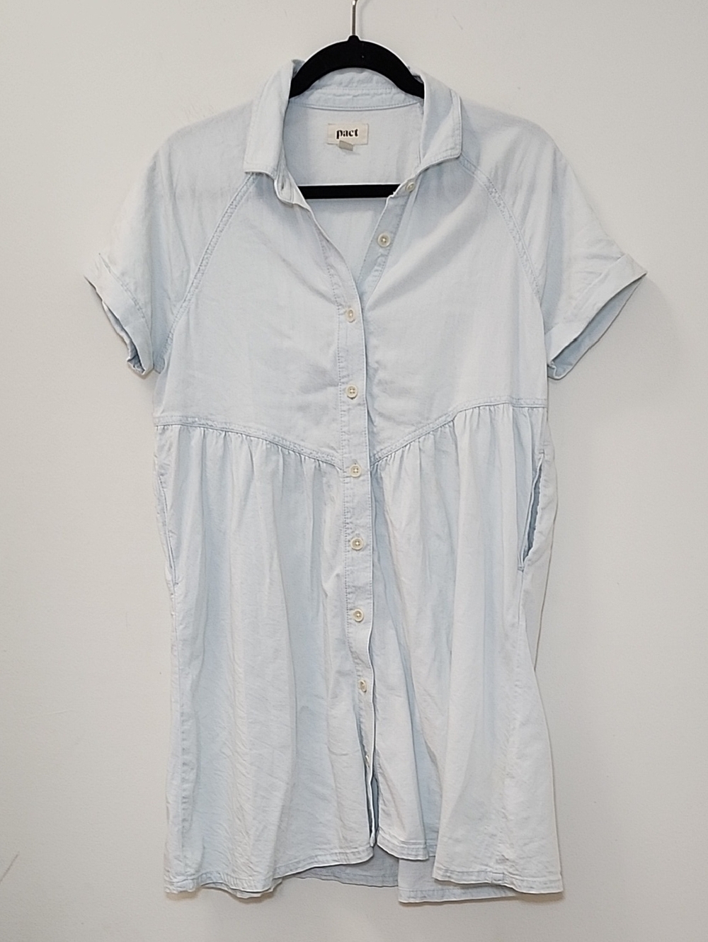 Pact Denim Chambray Shirt Dress 100% Organic Cotton Mini Button Down Size S - Picture 2 of 16
